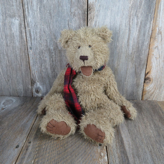 Vintage Teddy Bear Puppet Jointed Plush Tan Boyd's Large Fillabuster P. Chatsworth Red Plaid Scarf Stuffed Animal - At Grandma's Table