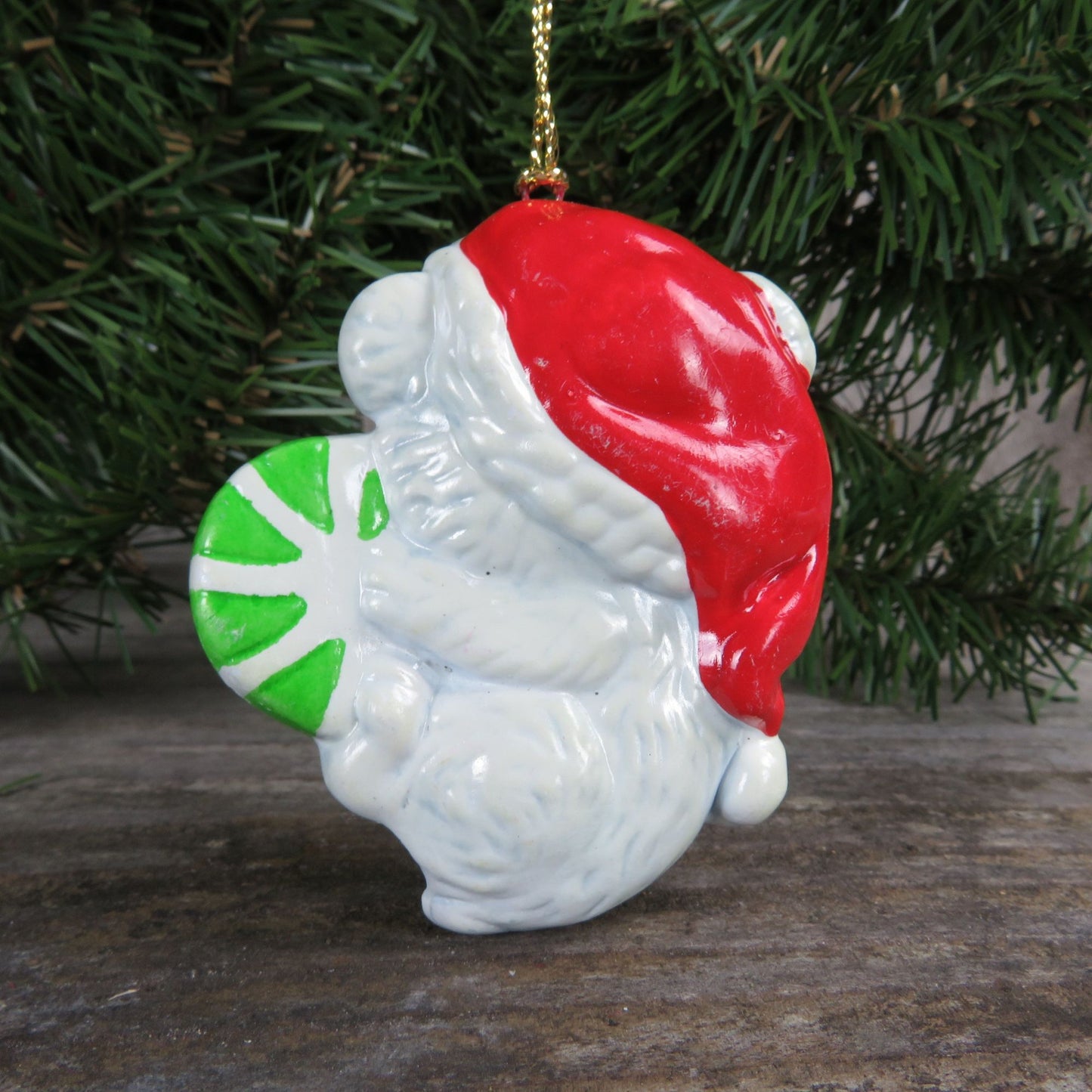 Vintage Baby Bear Ornament Green Peppermint Santa Hat Porcelain White Flat Ceramic Christmas