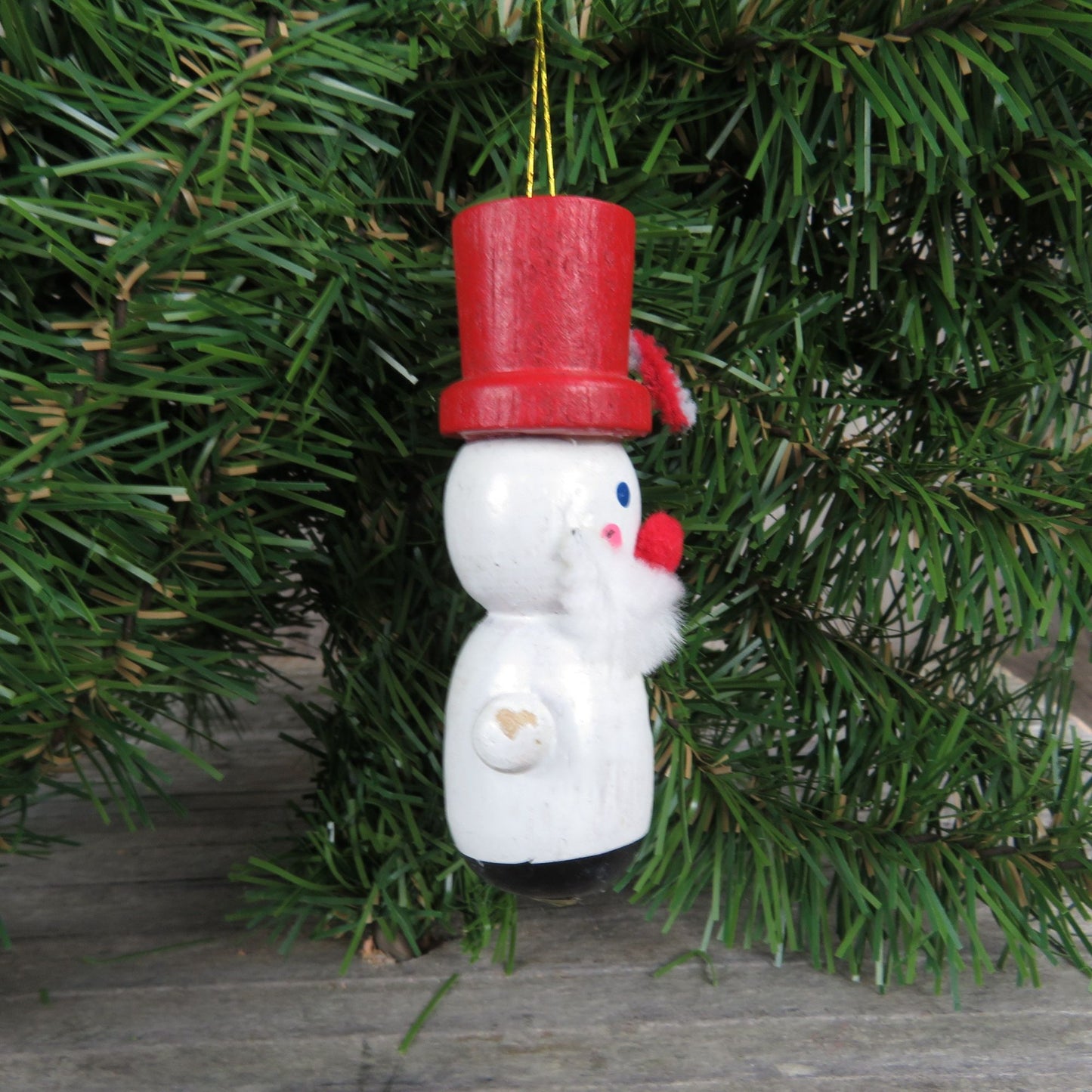 Vintage Wooden Snowman with Red Top Hat Ornament Candy Cane Beard Red Nose Christmas