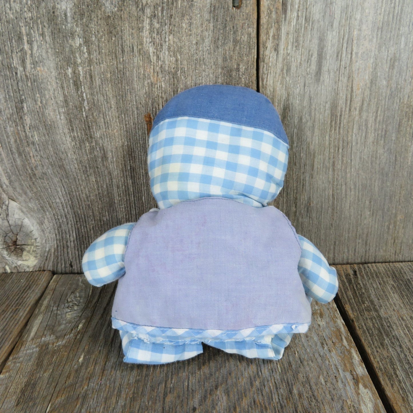 Blue and White Gingham Rag Doll Checkered Fabric Stitched Face Vest Vintage Boy Soft Body