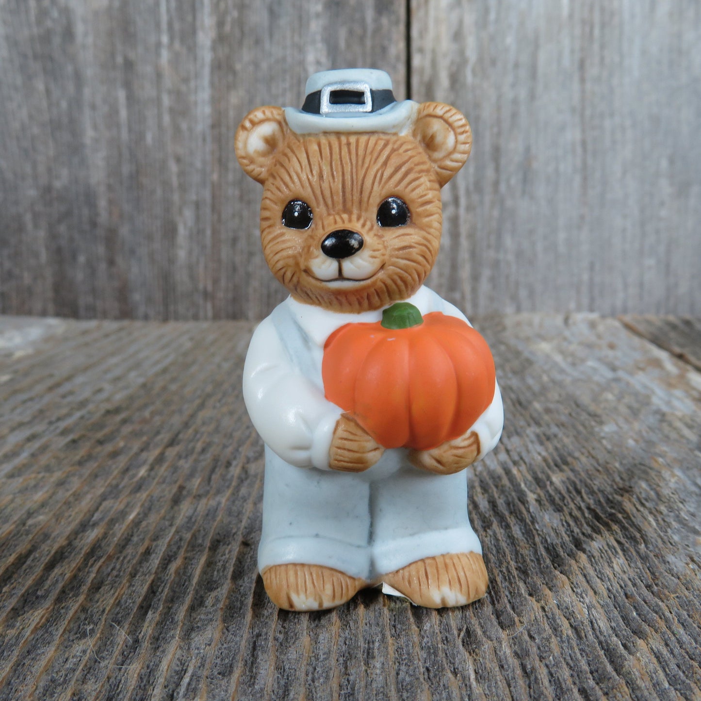 Vintage Bear with Pumpkin Figurine Homco Thanksgiving Fall Autumn Blue Overalls 5312