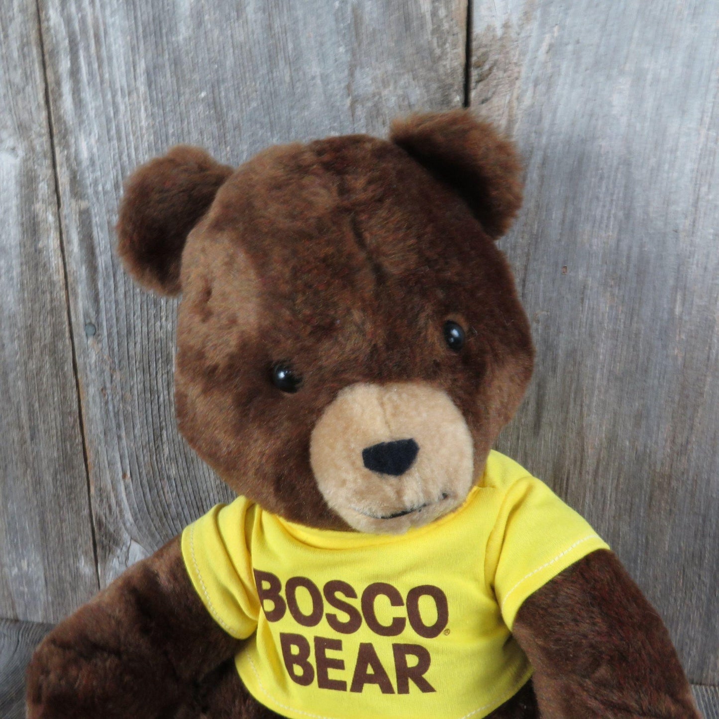 Vintage Brown Teddy Bear Plush Yellow Shirt Bosco Bear Animal Farm Advertisement 1979 Stuffed Animal