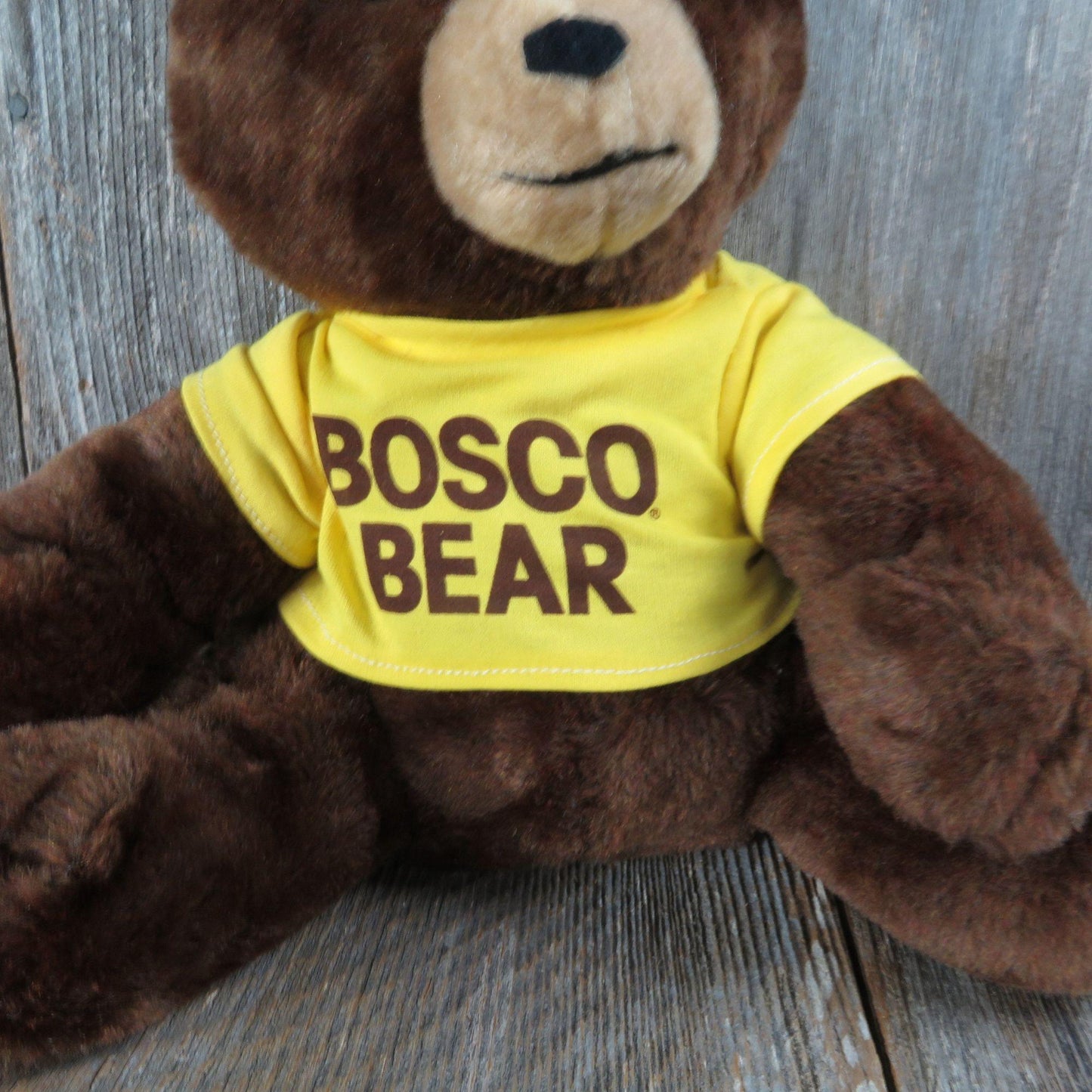 Vintage Brown Teddy Bear Plush Yellow Shirt Bosco Bear Animal Farm Advertisement 1979 Stuffed Animal