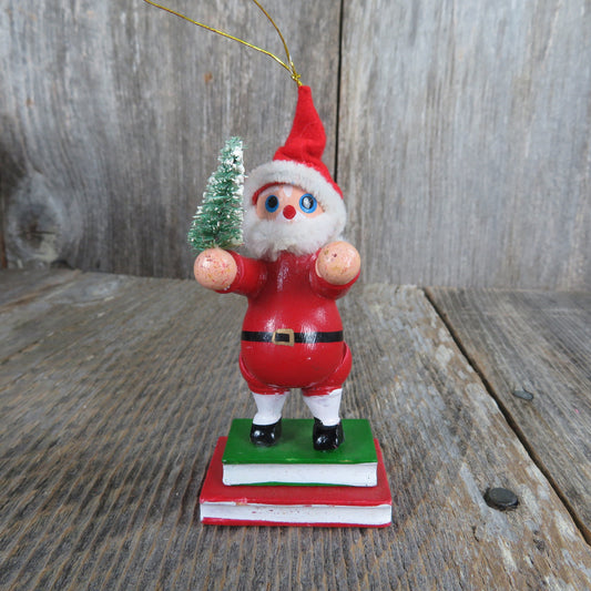 Vintage Santa Holding Tree Wooden Ornament Standing On Books Wood Christmas Felt Pipe Cleaners