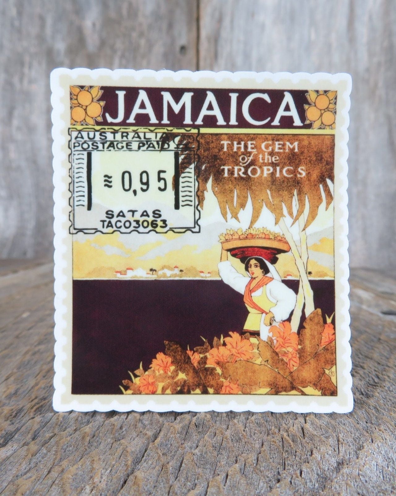 Jamaica Postal Stamp Sticker Gem of the Tropics Waterproof Travel Souvenir Water Bottle Laptop
