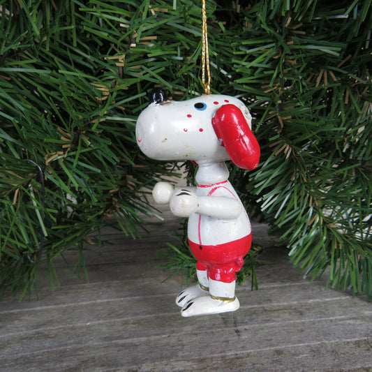 Vintage Wooden White Dog Ornament Wood Puppy with Red Ears and Pants Christmas Ornament