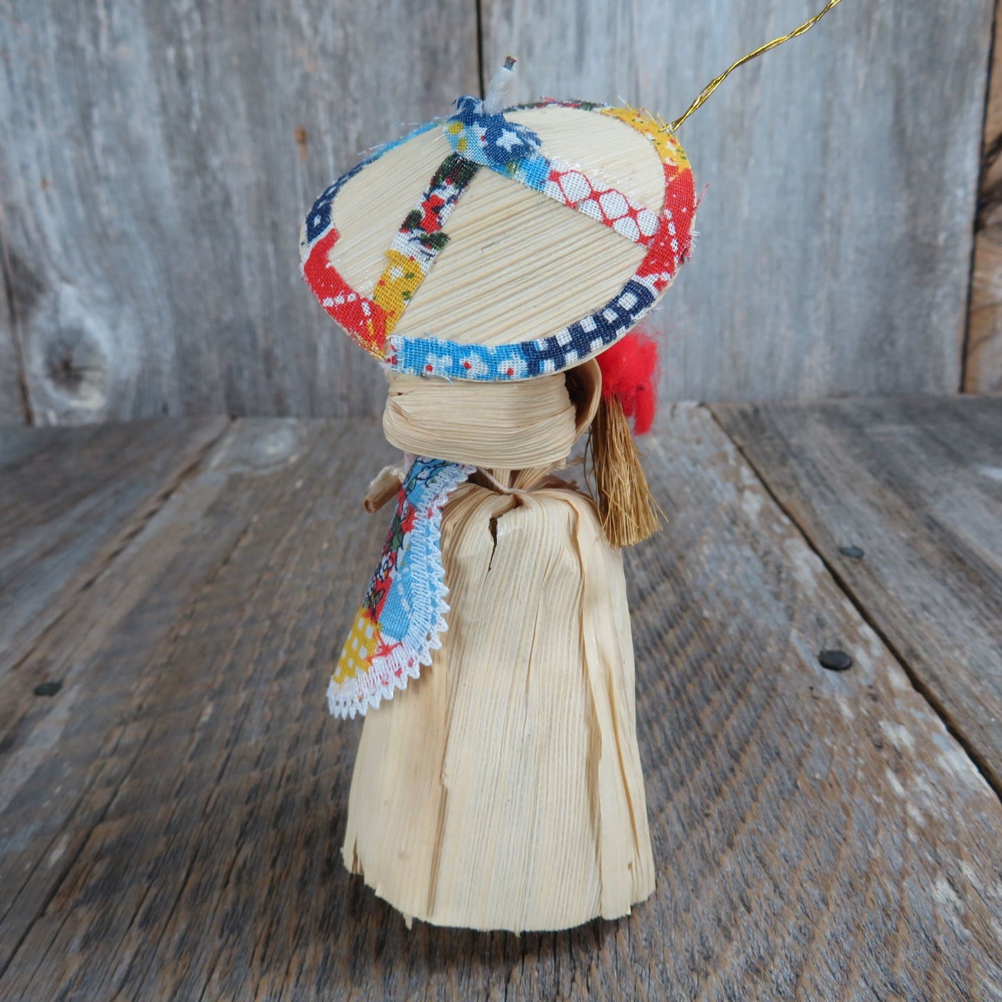 Vintage Corn Husk Doll Ornament Lady with Umbrella Patchwork Apron Christmas