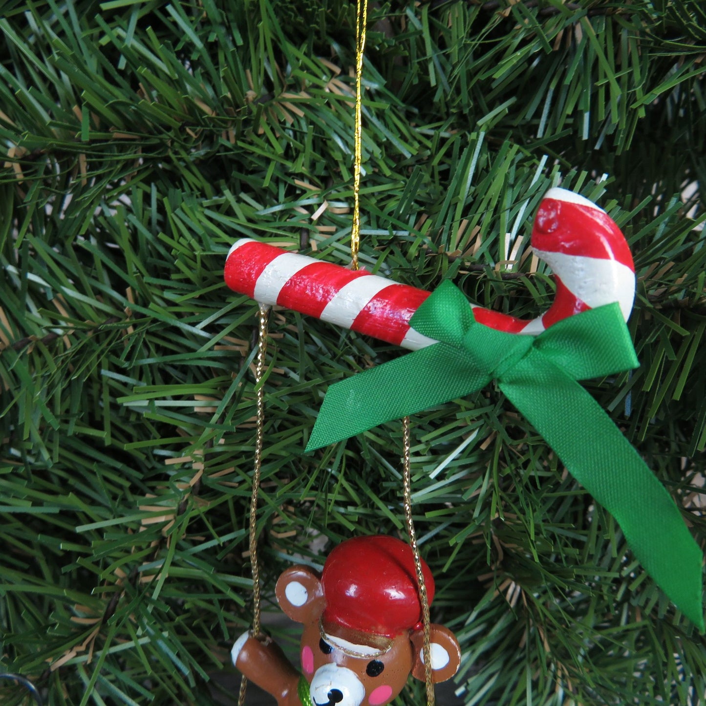 Bear on Candy Cane Swing Wood Ornament Vintage Wooden Teddy Bear With Hat Swinging Christmas Ornament