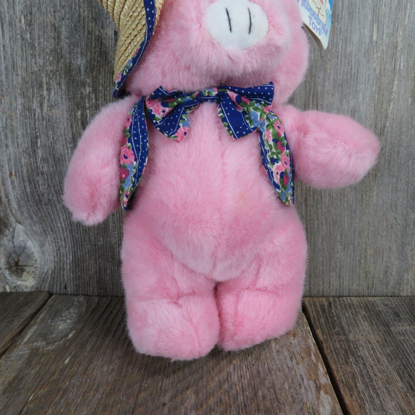Standing Pig in Straw Hat Plush Blue Flower Vest Bowtie Kuddle Me Toys Kellytoy Stuffed Animal