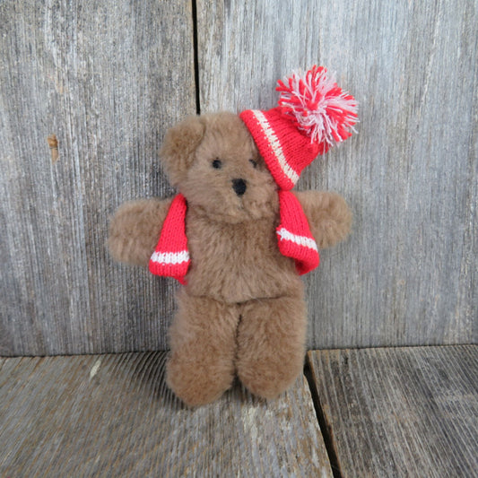 Vintage Mini Teddy Bear Plush Knit Hat Sweater Vest Red Brown Stuffed Animal Winter