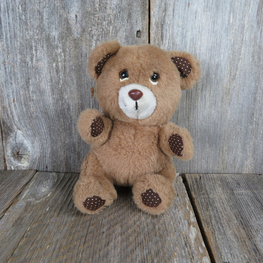 Vintage Teddy Bear Plush Sad Eyes Polka Dot Fabric Paws and Ears Stuffed Animal Montgomery Wards 1982 - At Grandma's Table