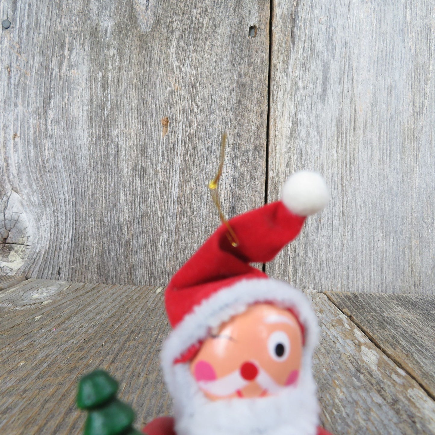 Vintage Wood Santa Winking Ornament Wooden Felt Hat Christmas Tree Red Green