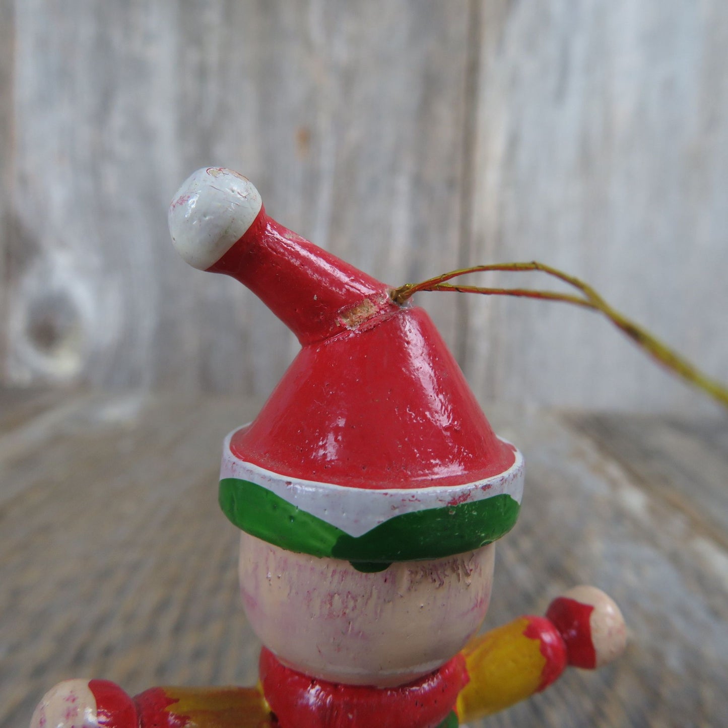 Vintage Jack In A Box Wood Ornament Clown Red Green Wooden Christmas Candy Cane