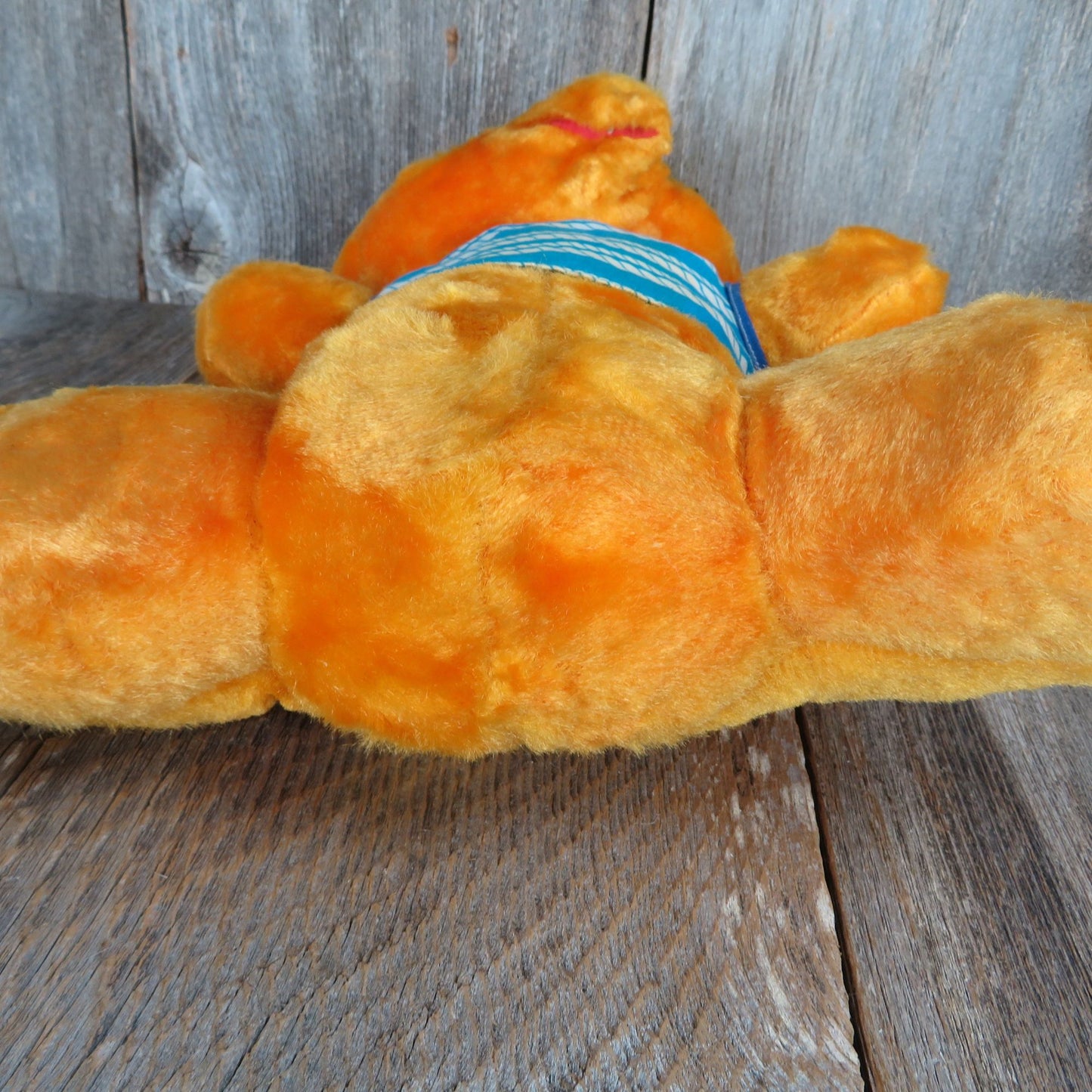 Vintage Teddy Bear Plush Shiny Yellow Orange Stuffed Animal Blue Shirt Pom Pom Nose Soft Foam Filled Eye Brows