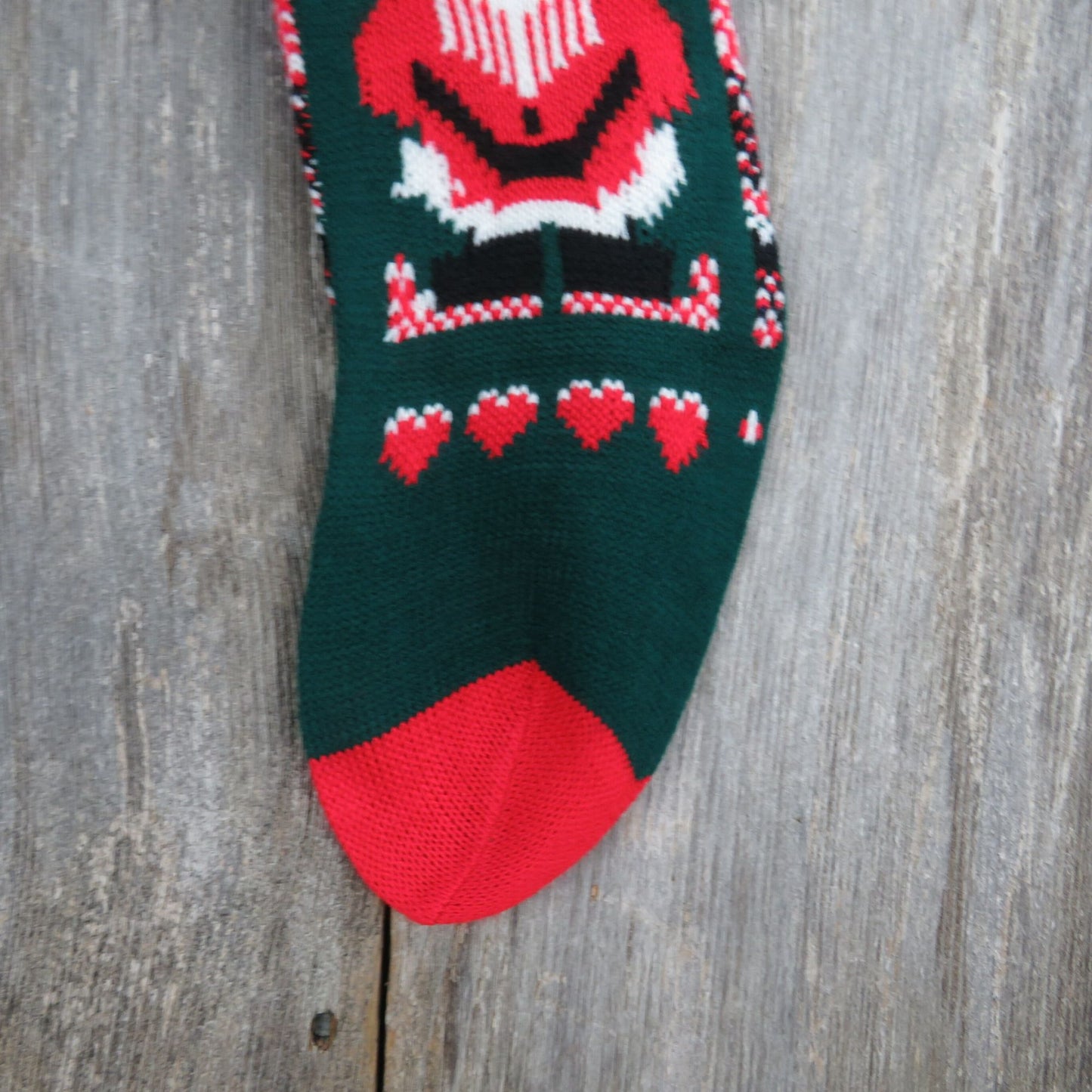 Vintage Santa Claus Knit Stocking Green Red White Gifts Trees Hearts Pom Pom 1980s