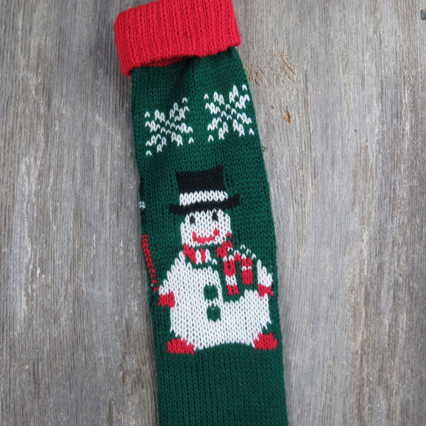 Vintage Chunky Knit Snowman Stocking Christmas Green Red Hearts