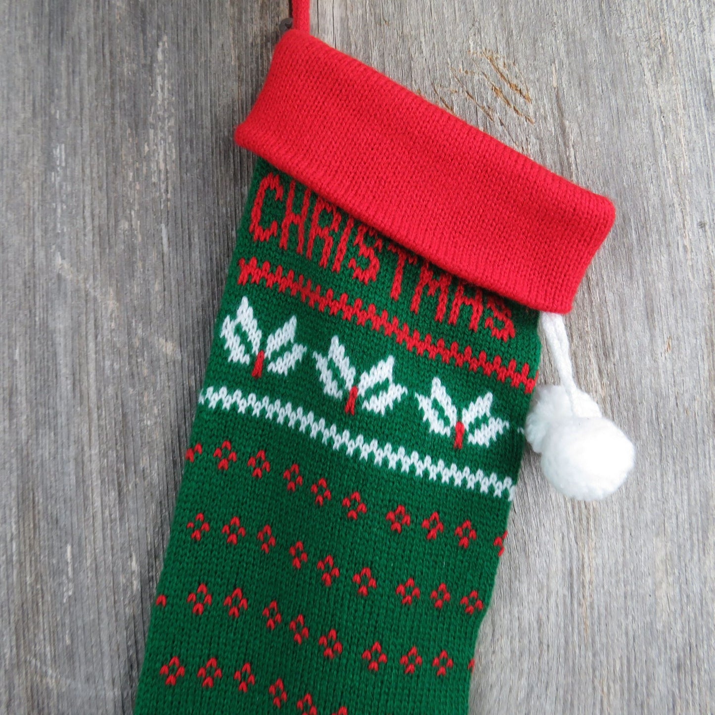 Vintage Merry Christmas Green Knit Stocking Knitted White Red Christmas Pom Pom ST343