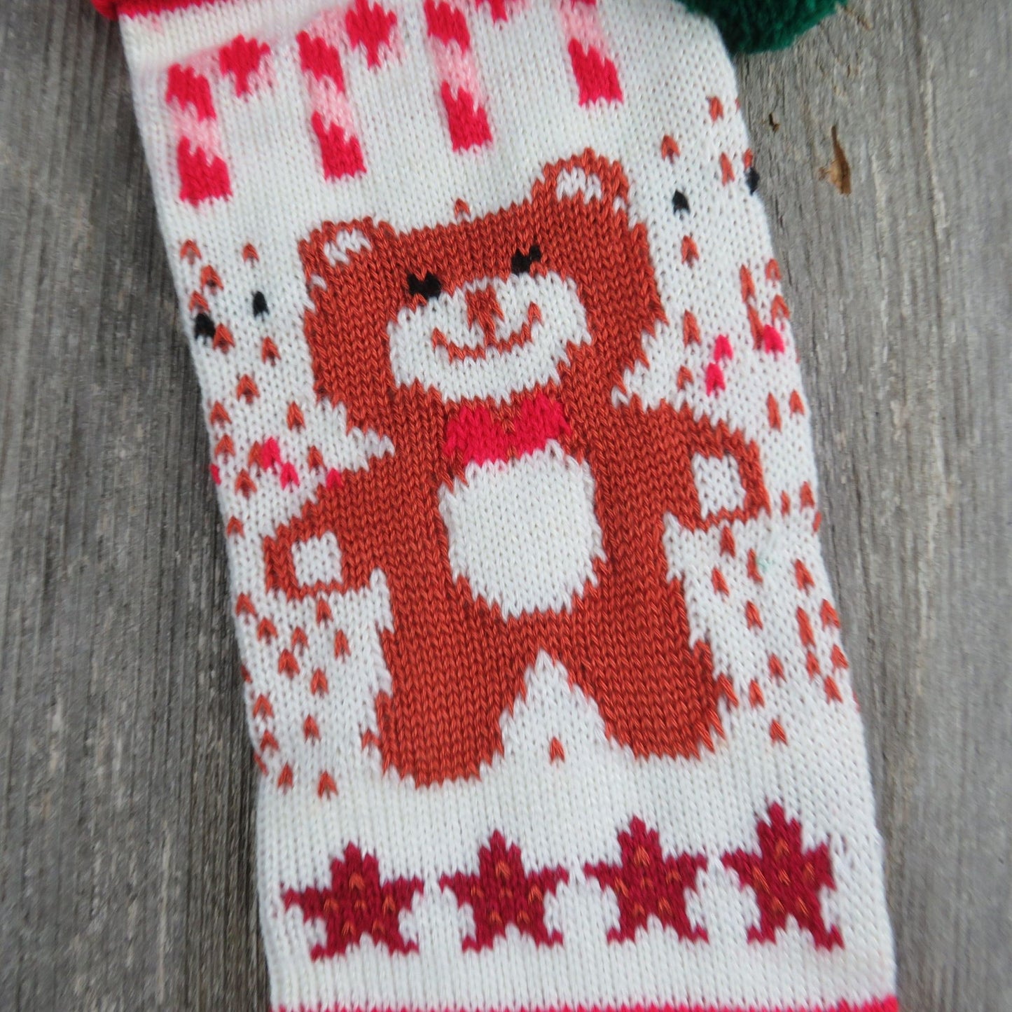 Christmas Stocking Knitted Knit Teddy Bear Candy White Red Green Vtg 1980s st13