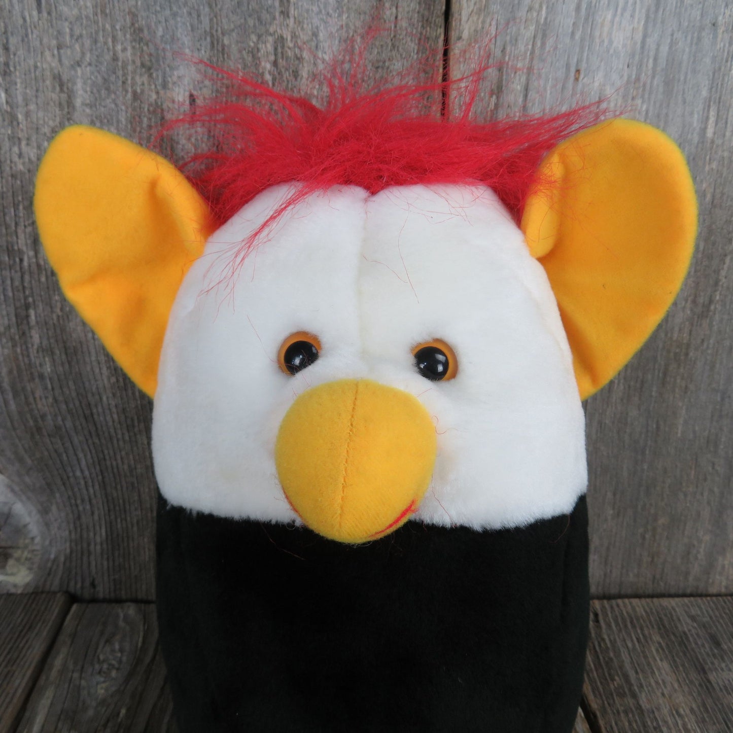 Bird Troll Stuffed Animal King Plush Yellow Ears Beak Feet Red Hair Tail Black White Vintage