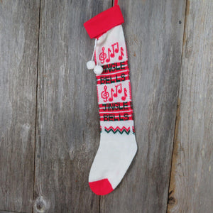 Vintage Jingle Bells  Knit Stocking Christmas Musical Notes Red Green White Pom Pom