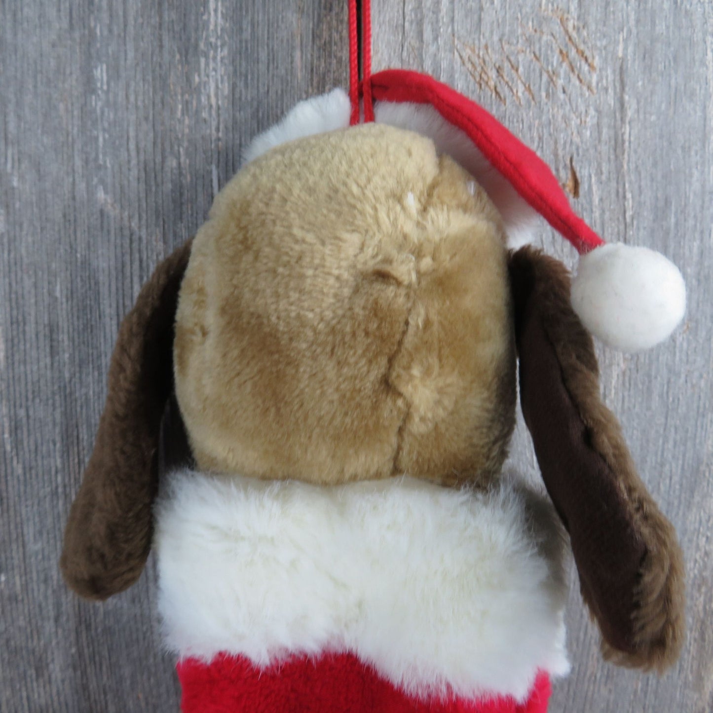 Vintage Dog Christmas Stocking Plush Stuffed Animal White Red Sad Eyes Santa Hat