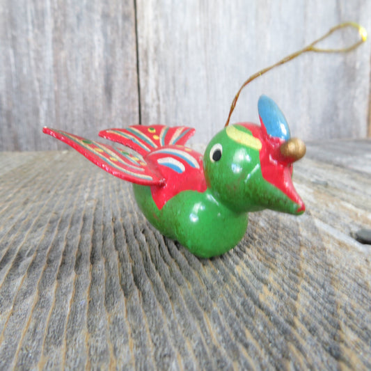 Vintage Wooden Bird Ornaments Red Green Flower Pattern Wood Christmas Made in Taiwan