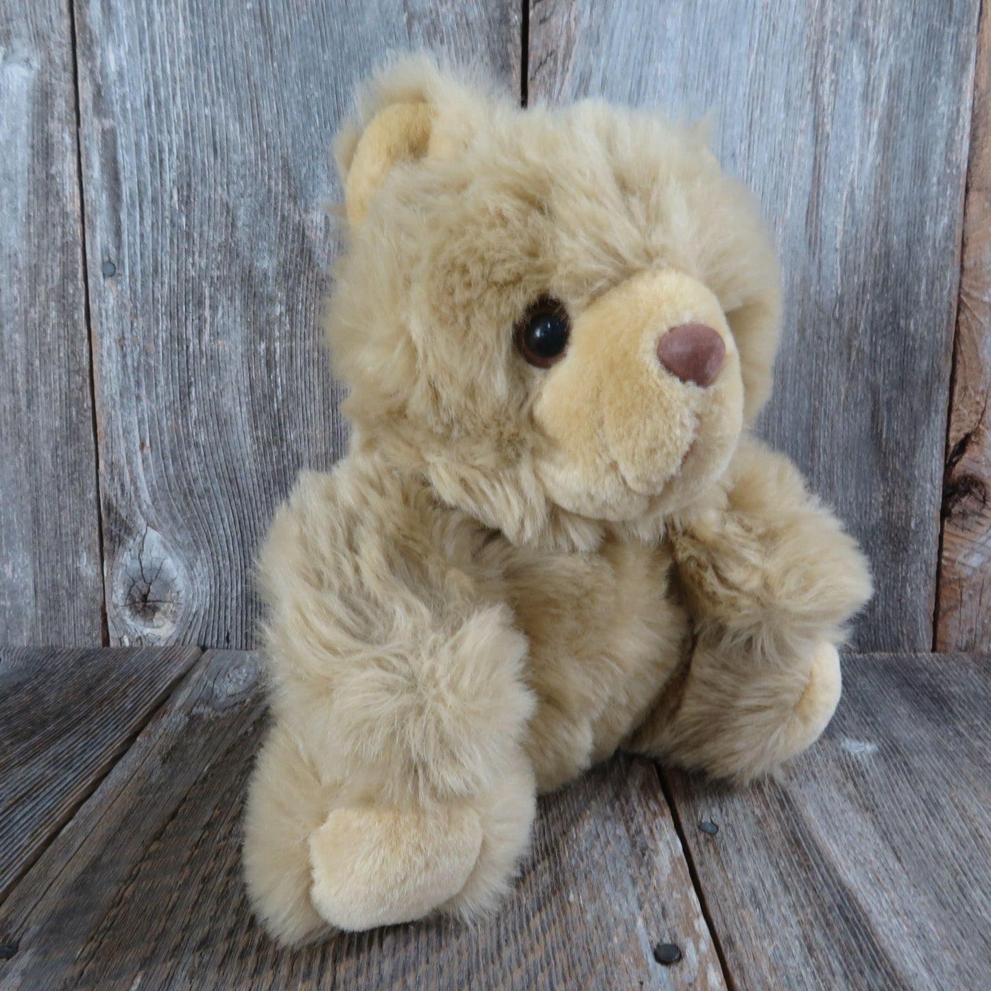 Vintage Tan Teddy Bear Plush Brown Velvet Flocked Nose Fuzzy Stuffed Animal