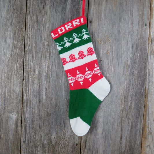 Vintage Lorri Name Knit Stocking Christmas Girl Bells Knitted Ornaments Green Red Pom Pom