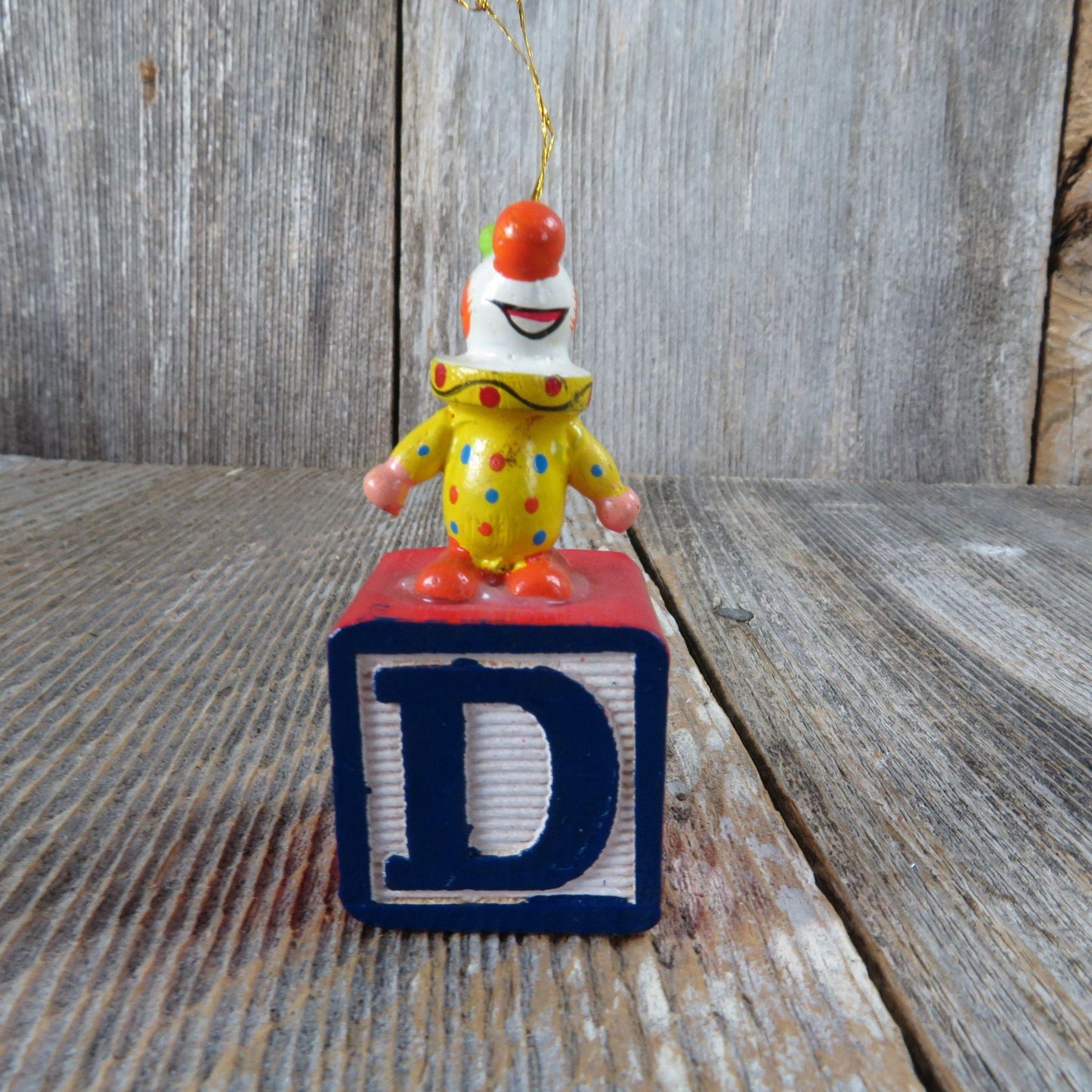 Vintage Clown Alphabet Block Wood Ornament Blue Red Yellow Wooden