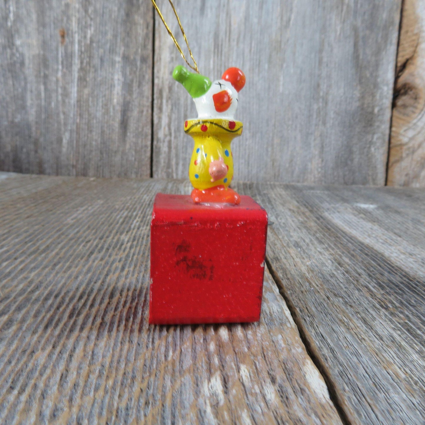 Vintage Clown Alphabet Block Wood Ornament Blue Red Yellow Wooden