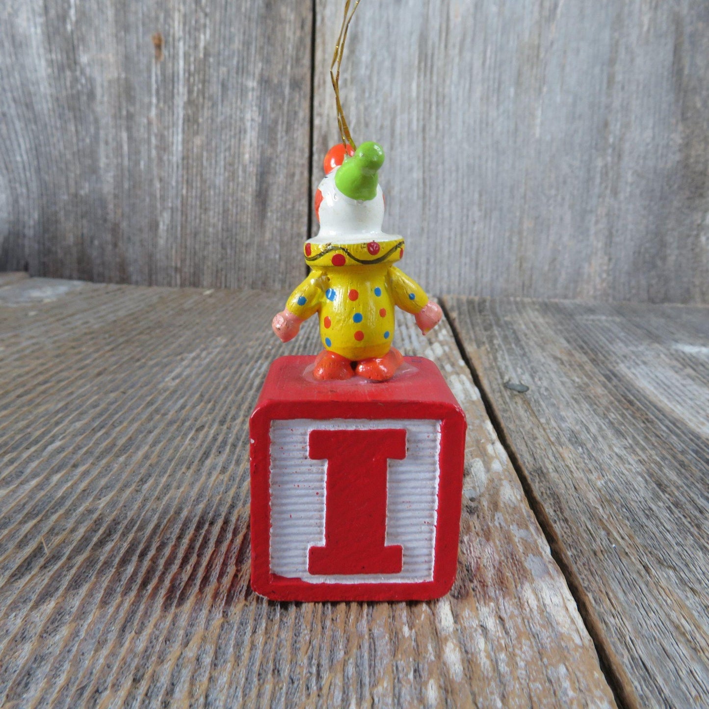 Vintage Clown Alphabet Block Wood Ornament Blue Red Yellow Wooden