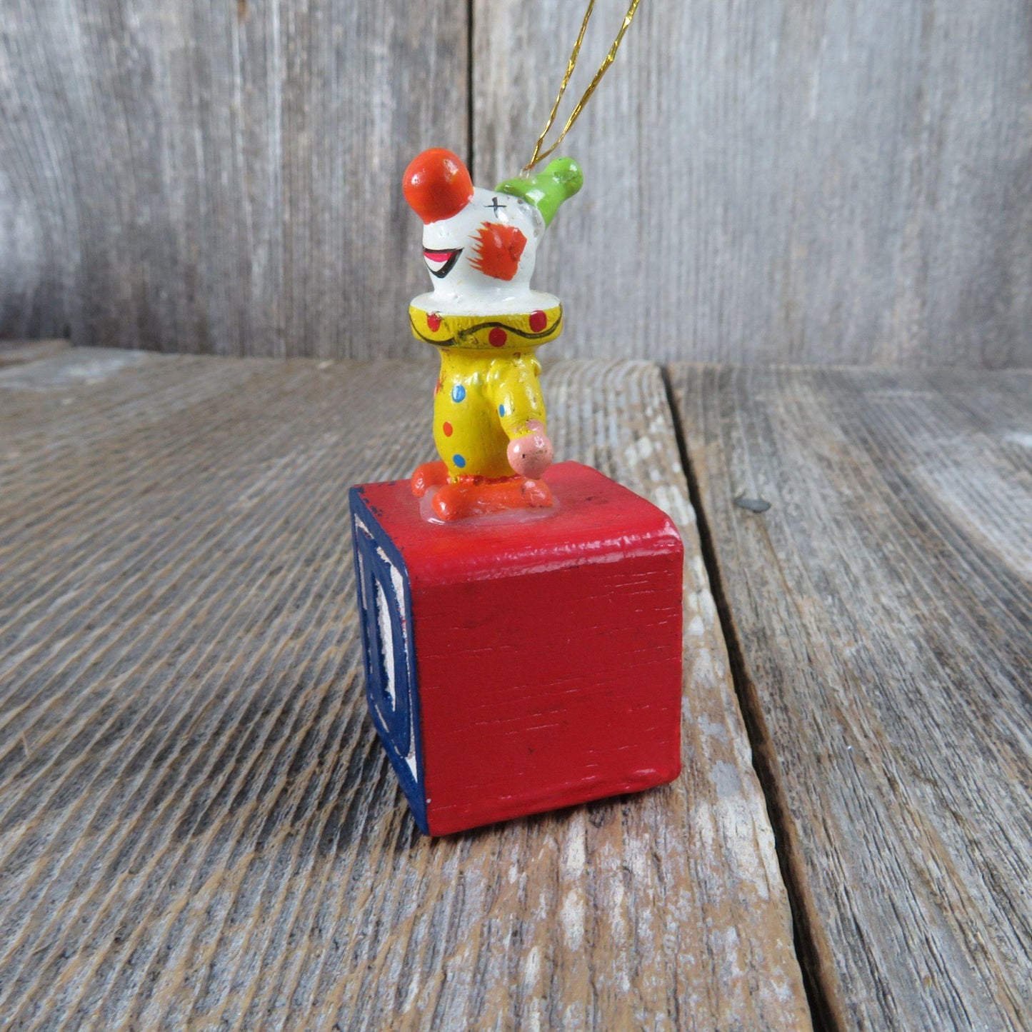 Vintage Clown Alphabet Block Wood Ornament Blue Red Yellow Wooden