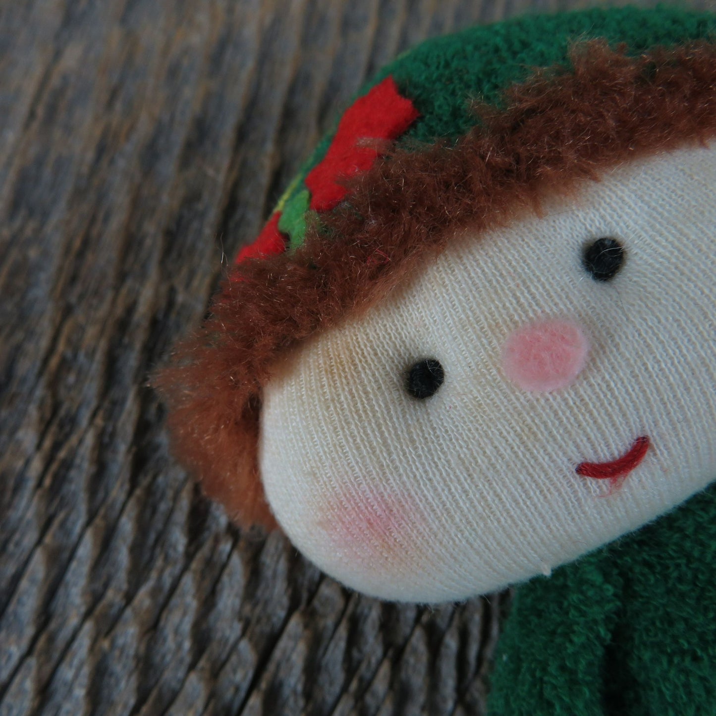 Vintage Elf Plush Doll Ornament Christmas Russ Green Red Hair Korea