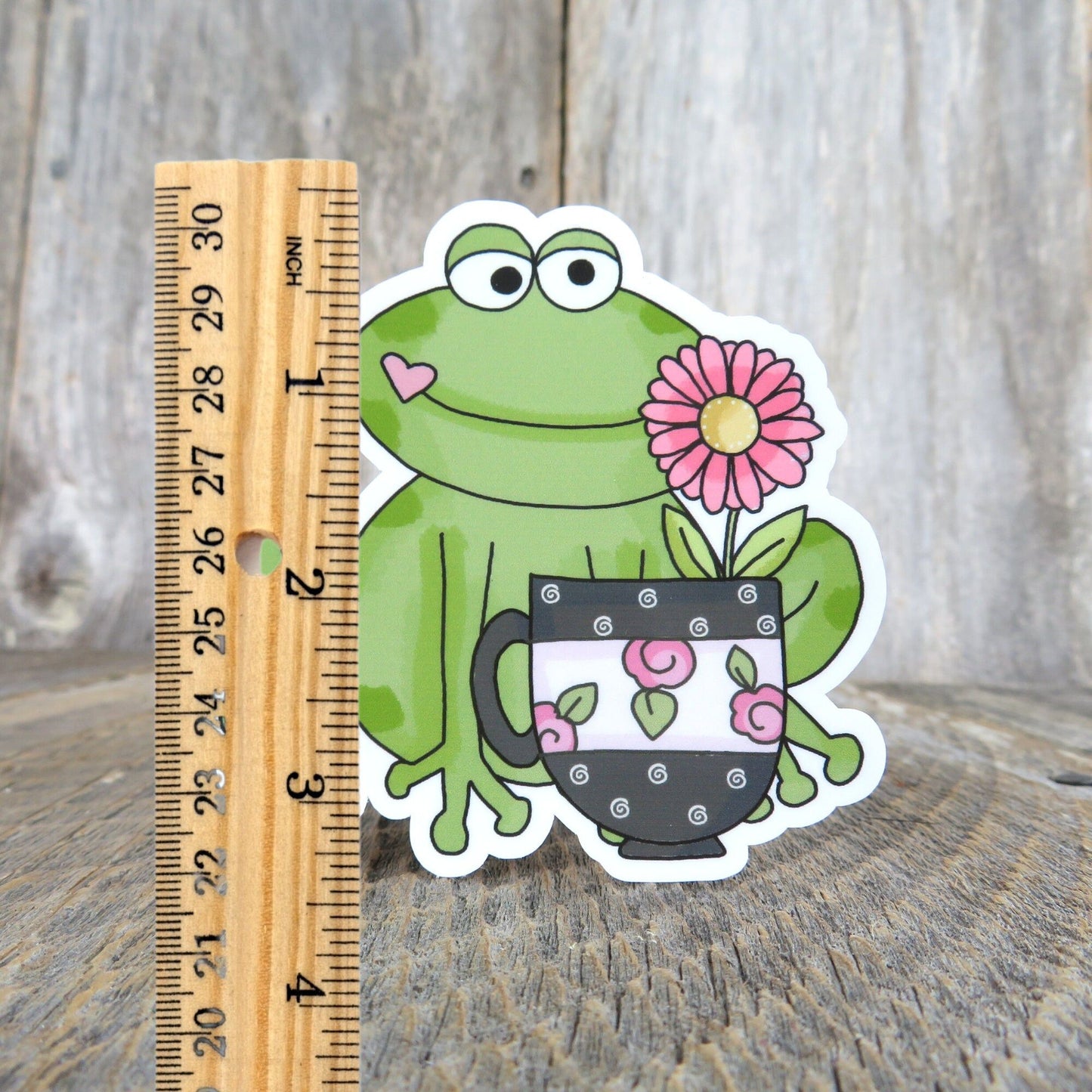 Green Frog with Cup Sticker Flower Waterproof Full Color Frog Lover Coffee Lover Tea Drinker