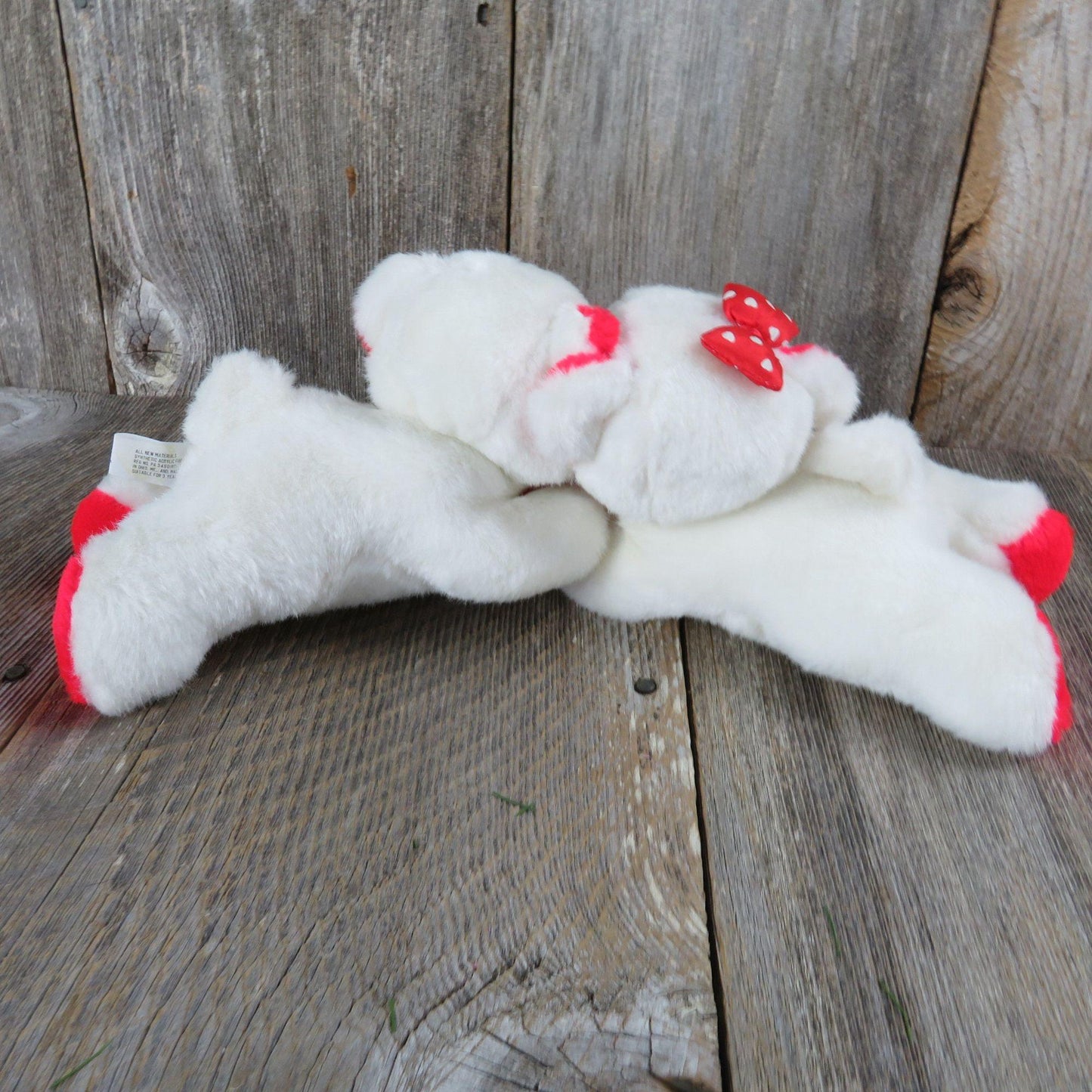 Vintage White Hugging Bears Plush I Love You Heart Red Flocked Nose Oriental Trading Company Stuffed Animal Valentines