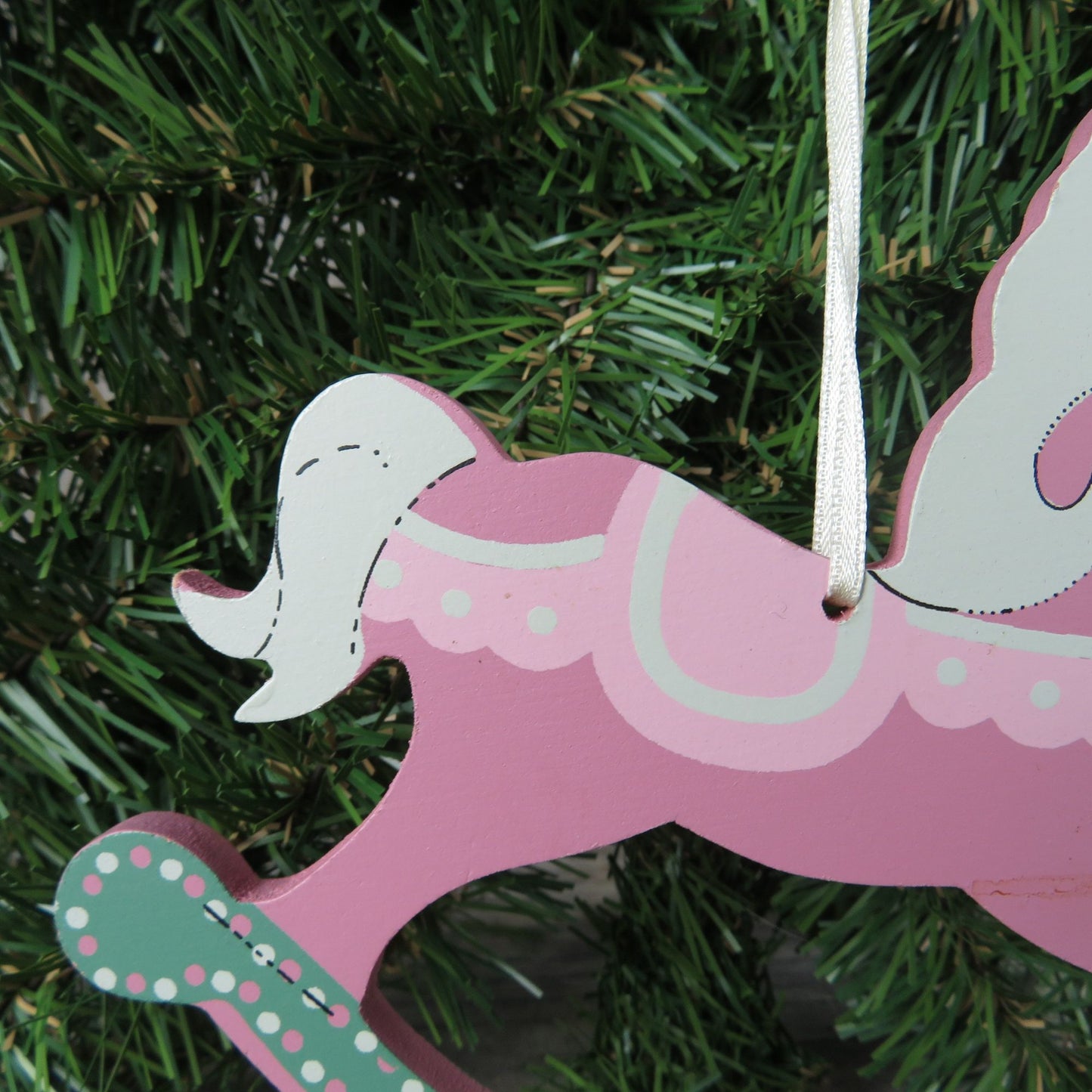 Vintage Pink Wooden Rocking Horse Ornament Fancy Painted Show Pony Green Holly Adler Kurt 1988