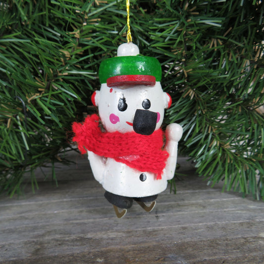 Vintage Snowman Ice Skater Wood Ornament Pipe Green Hat Knit Scarf Wooden Christmas