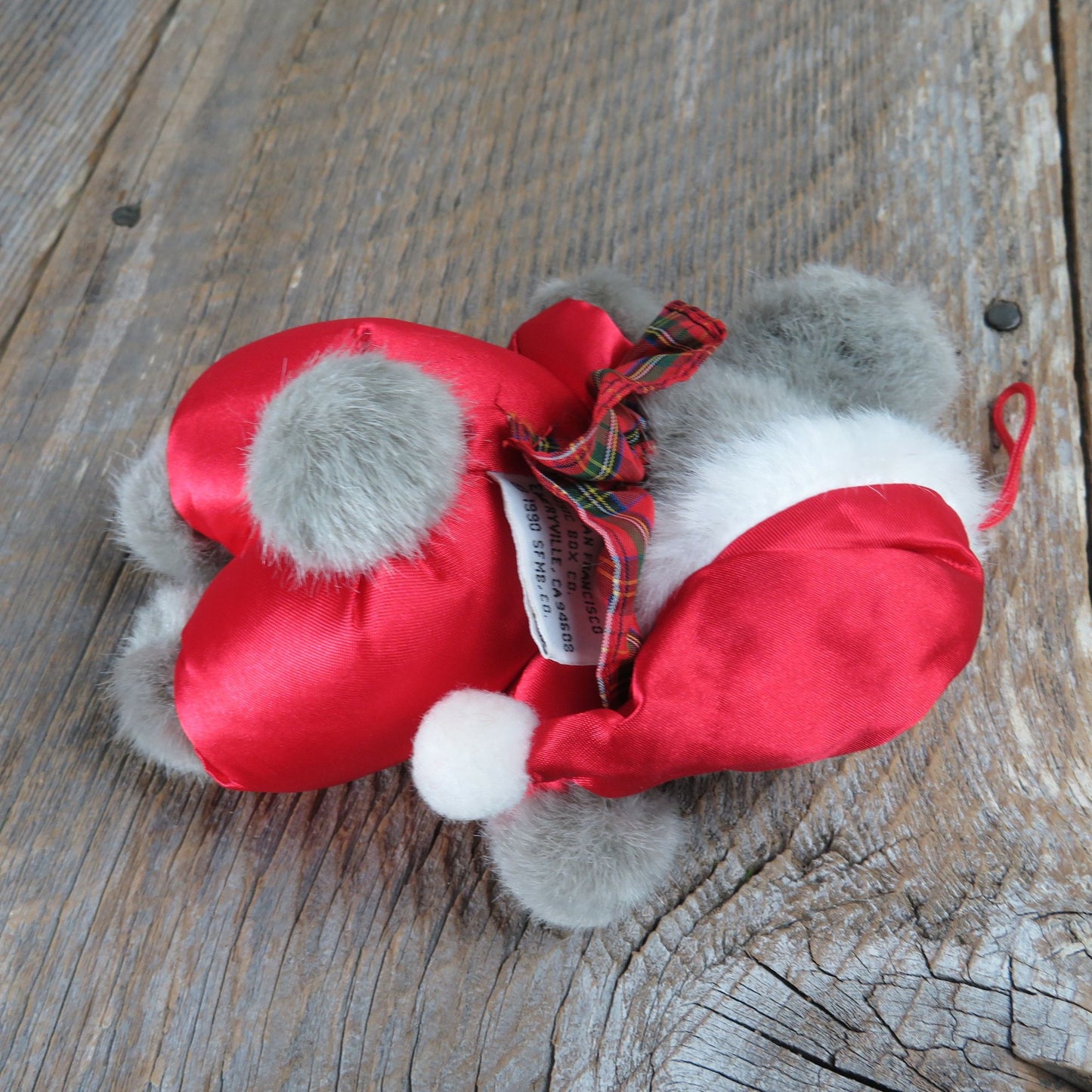 Vintage Christmas Mouse Plush Ornament Cloth Body Santa Satin Hat Musical San Francisco Music Box Squeeze Stuffed Animal
