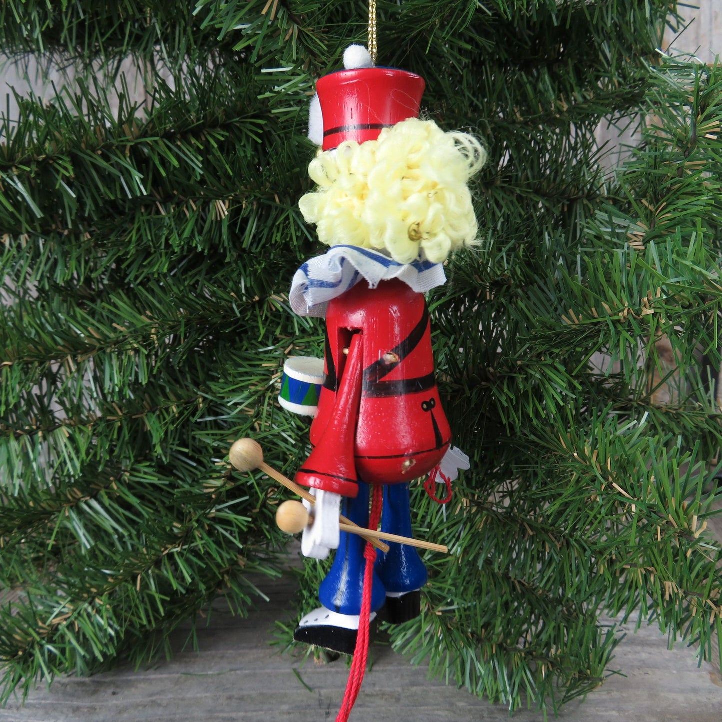 Wood Pull String Clown Ornament Kurt Adler Vintage Jumping Circus Drummer Christmas 1990