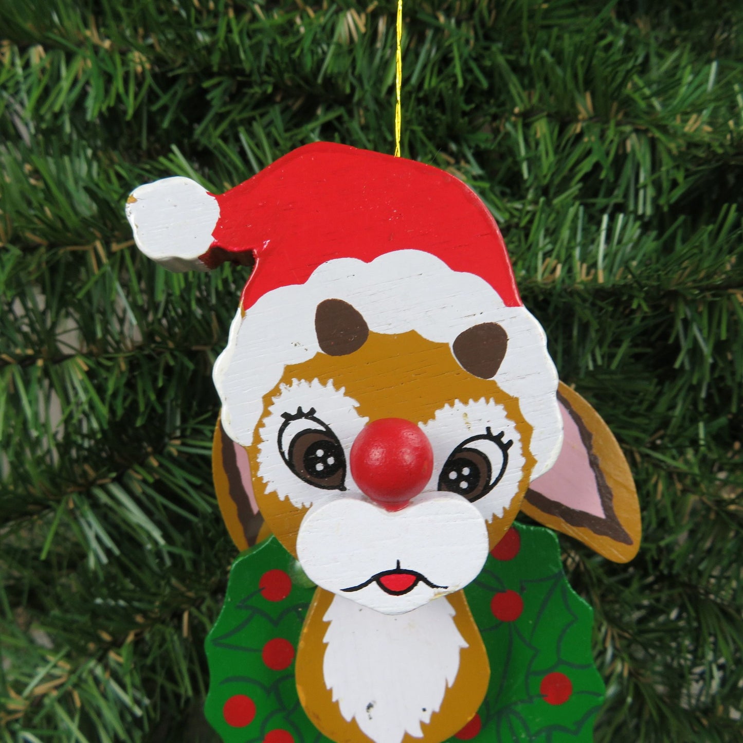Vintage Rudolph Pull String Wood Ornament Kurt Adler Red Nosed Reindeer Wooden Christmas 1987