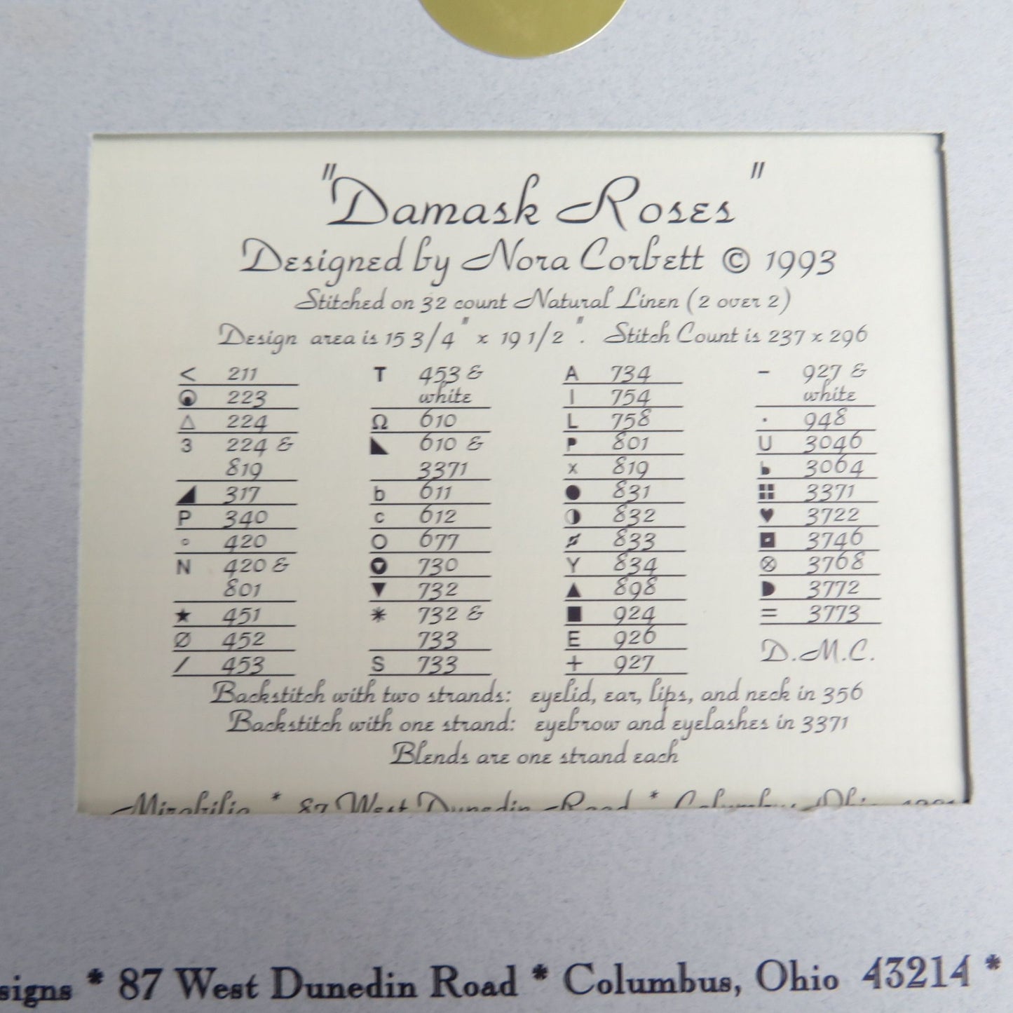Vintage Mirabilia Counted Cross Stitch Pattern Damask Roses Nora Corbett 1993