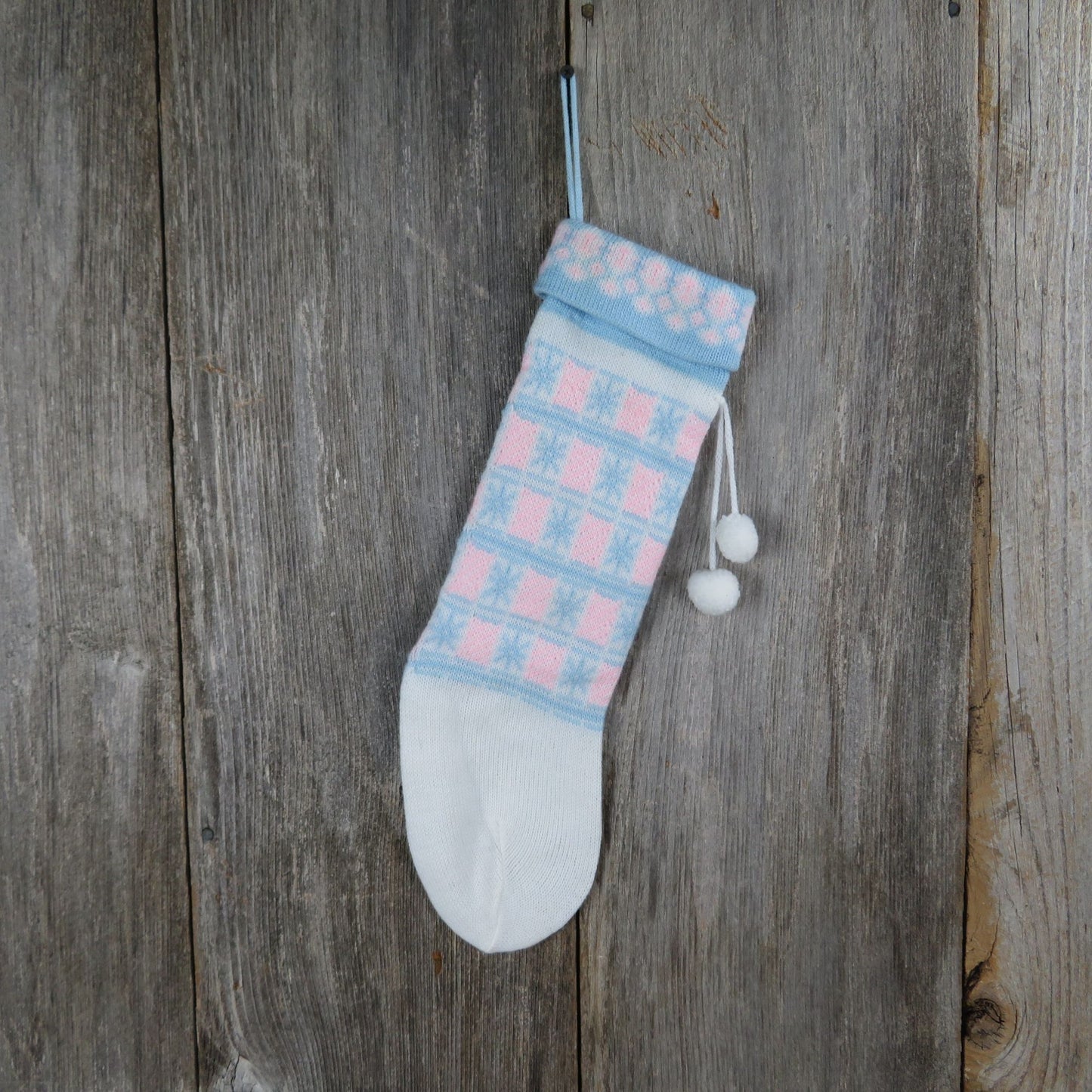 Vintage Baby Stocking Knit Pink and Blue Pocket Knitted First Christmas St354