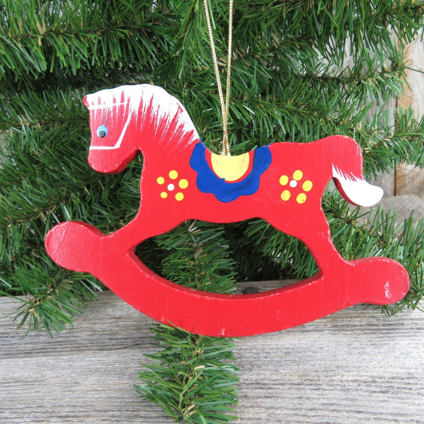 Vintage Rocking Horse Ogunquit Maine Wood Ornament Christmas Red Wooden Souvenir Tourist