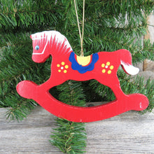 Load image into Gallery viewer, Vintage Rocking Horse Ogunquit Maine Wood Ornament Christmas Red Wooden Souvenir Tourist