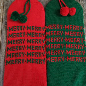 Vintage Christmas Bottle Tote Cover Knitted Stocking Department 56 Gift Bag Set - At Grandma's Table