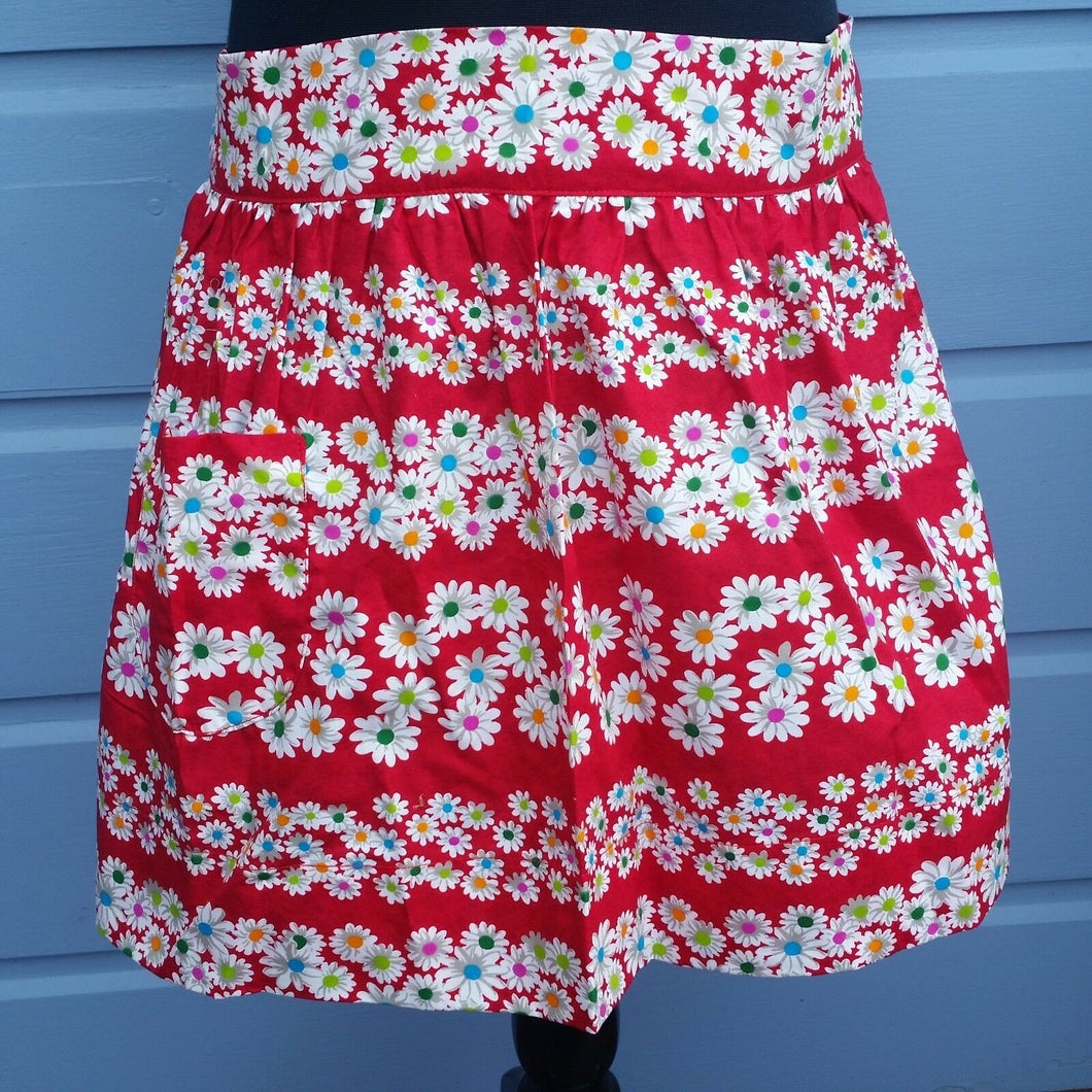 Vintage Half Apron Hostess Handmade Bright Colored Daisy Print Style A5 - At Grandma's Table