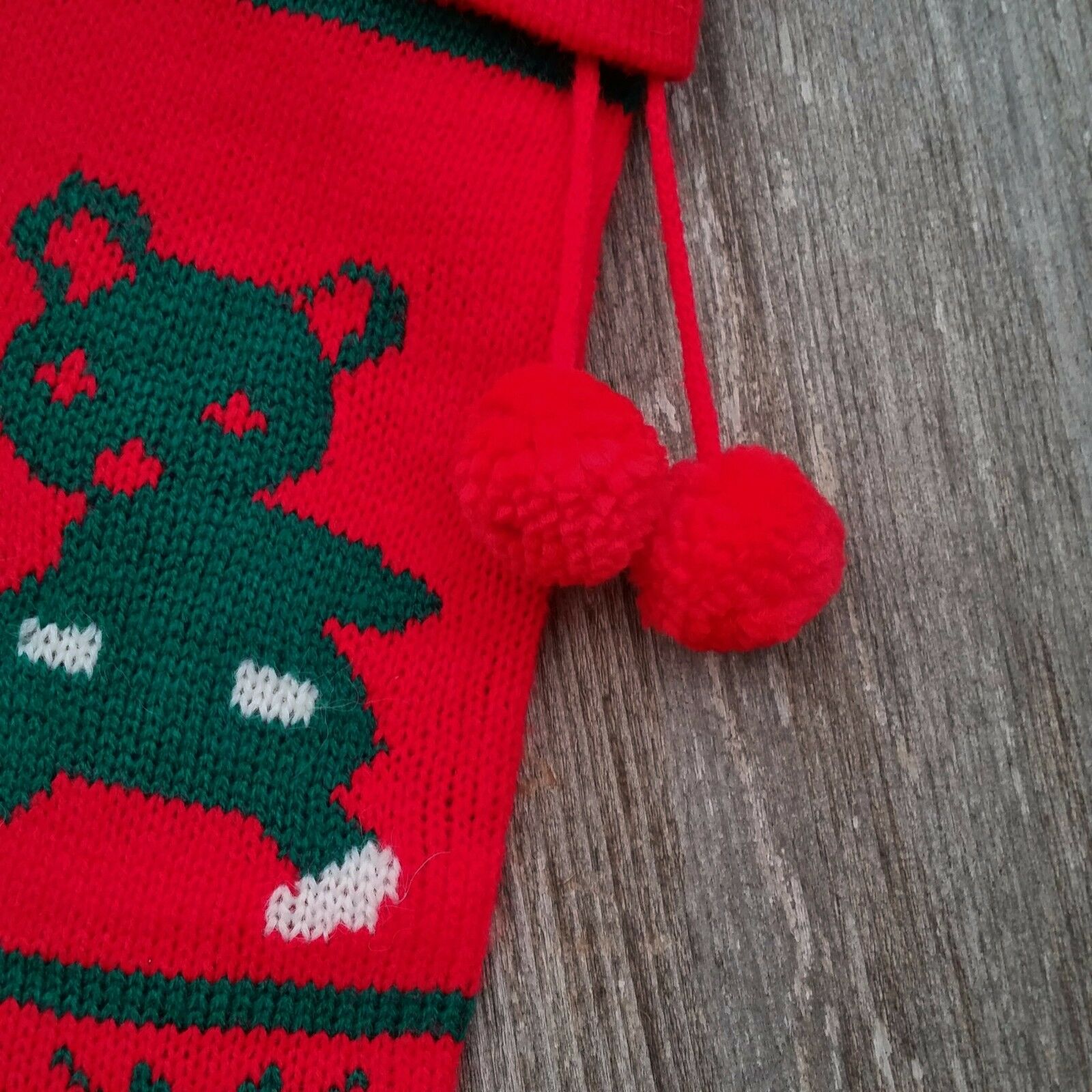 Vintage Teddy Bear Mouse Christmas Stocking Knitted Knit Joy White Red Green - At Grandma's Table