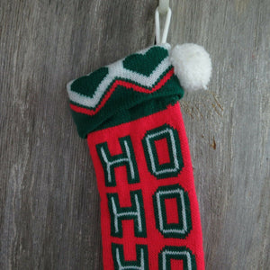 Vintage HO HO HO Stocking Knitted Knit Green Red Heart Christmas Pom Pom - At Grandma's Table