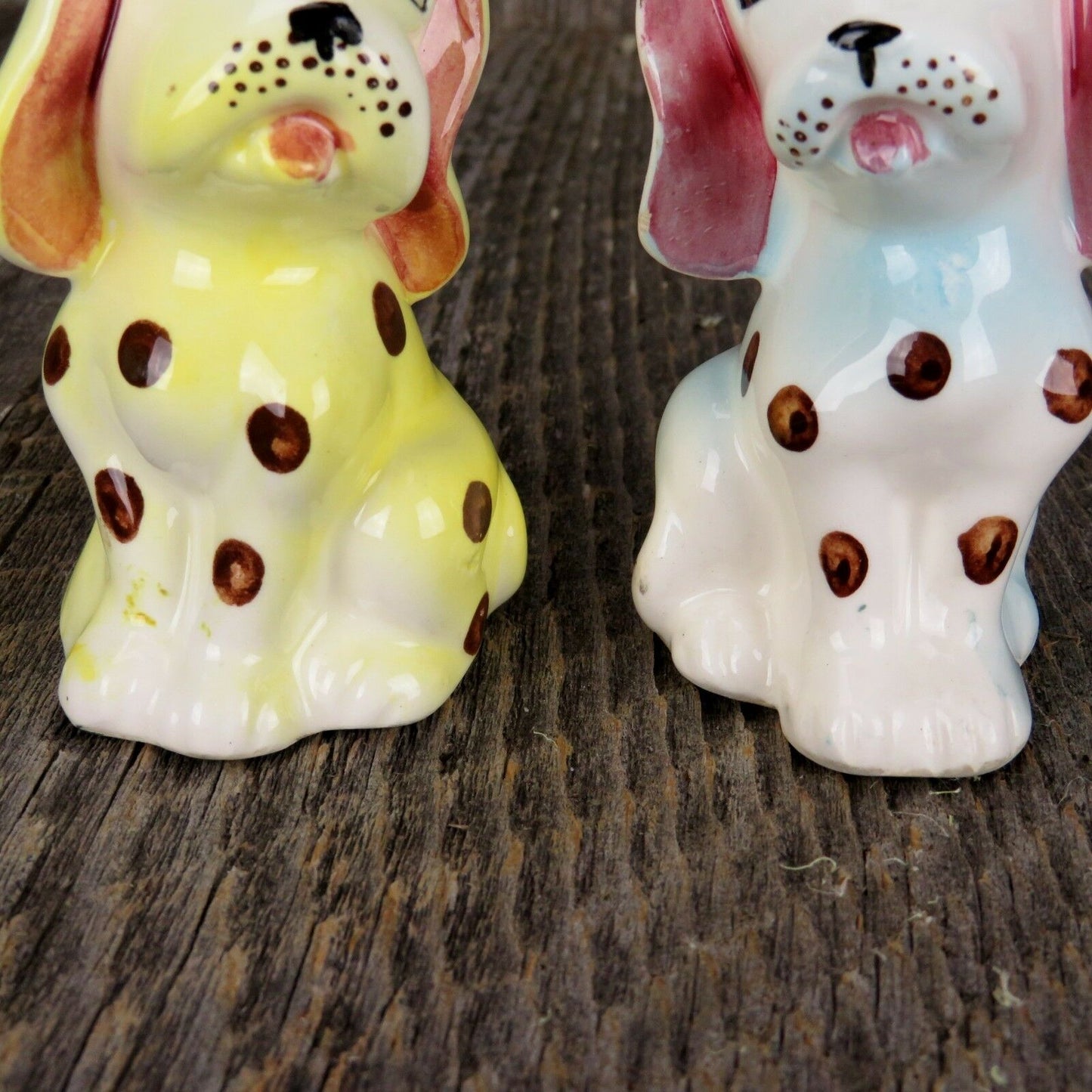 Dog Salt and Pepper Shakers Vintage Porcelain Yellow Blue Spots Japan 1950’s Figurine - At Grandma's Table