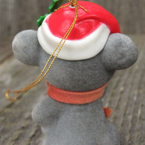 Vintage Flocked Mouse Ornament Christmas Horn Red White Holly Scarf Hat - At Grandma's Table